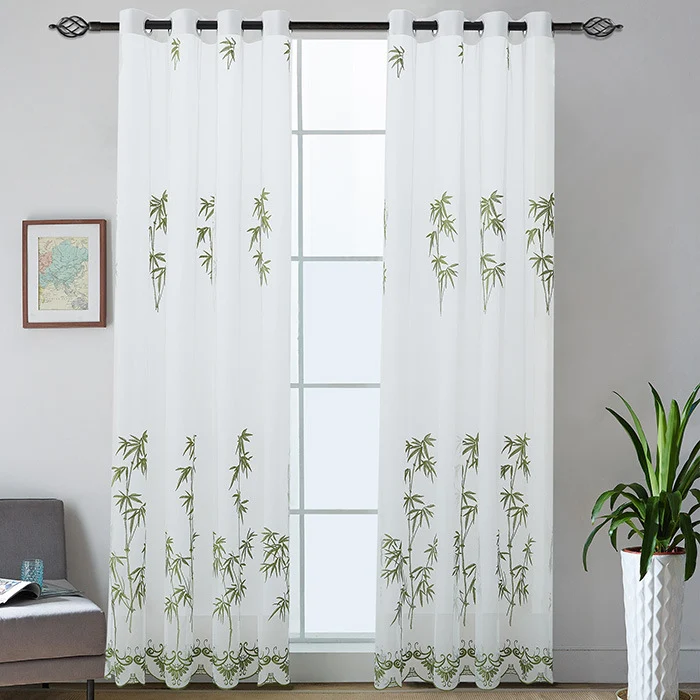 Curtain with eyelets made of semi-transparent voile, embroidered bamboo motif and hemmed decorative edge Stornfield