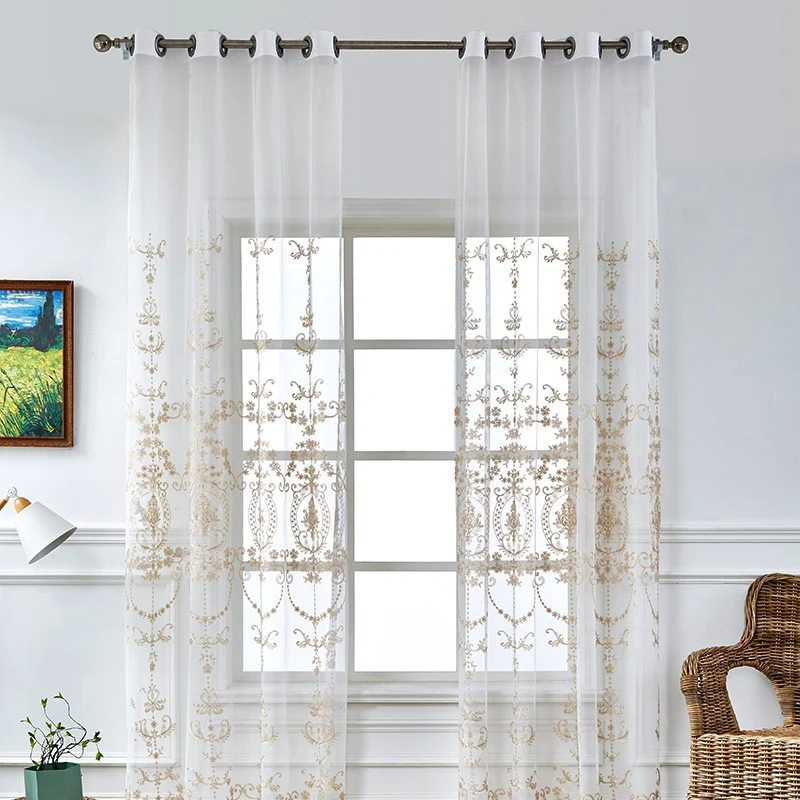 Finer embroidered voile curtain fabric with floral jacquard Stornfield