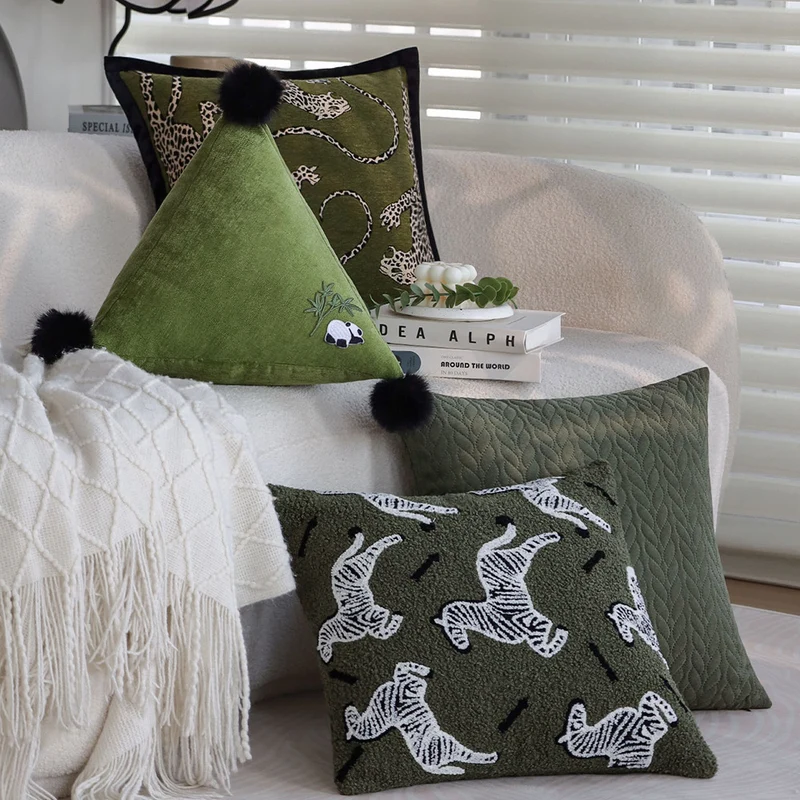 Triangular Decorative Back Cushion with Panda Embroidery and Fluffy Pom Poms Stornfield