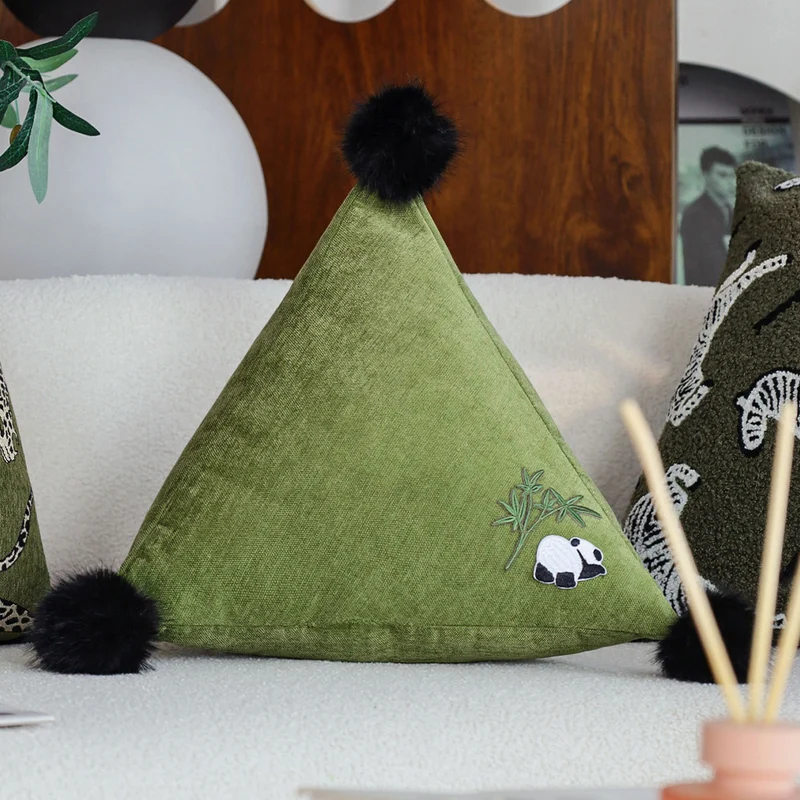 Triangular Decorative Back Cushion with Panda Embroidery and Fluffy Pom Poms Stornfield