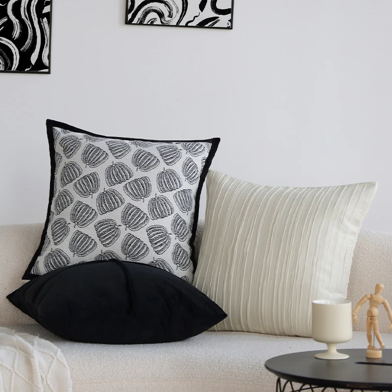 Decorative cushion with woven pumpkin motif and velvet trim Stornfield
