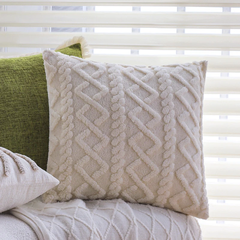 Decorative sofa cushion with woven pompom square structure Stornfield