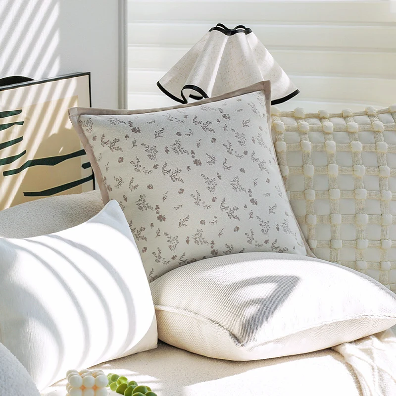 Decorative cushion cover with floral jacquard pattern and velvet trim Stornfield