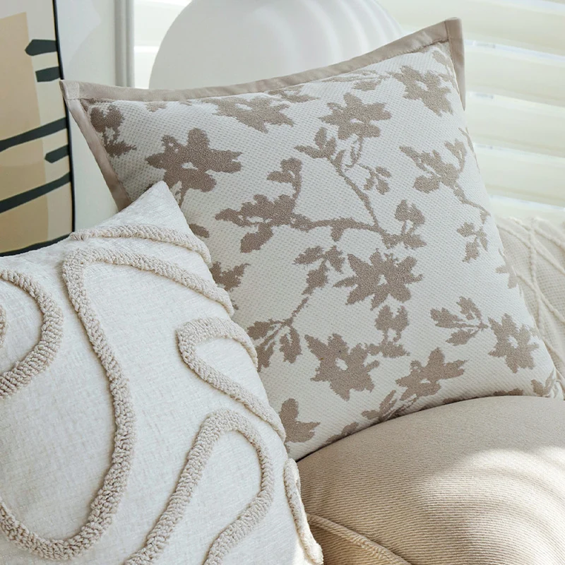 Decorative cushion cover with floral jacquard pattern and velvet trim Stornfield