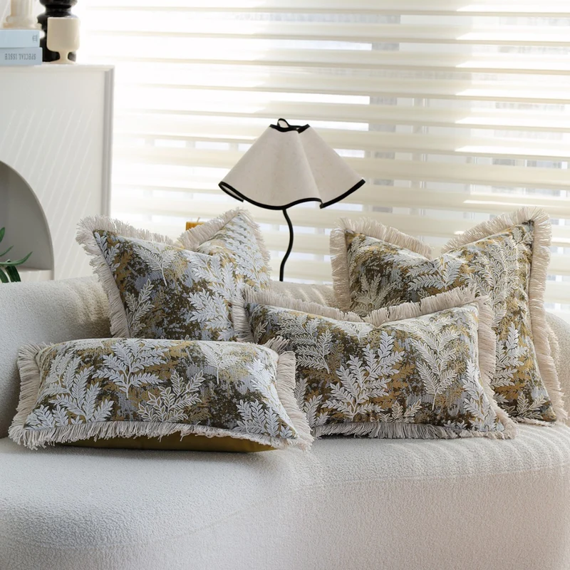 Decorative velvet cushion cover with embroidered fern jacquard and fringed edge Stornfield