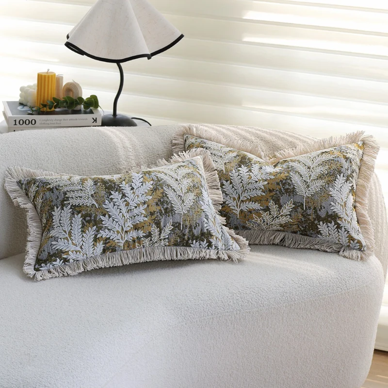 Decorative velvet cushion cover with embroidered fern jacquard and fringed edge Stornfield