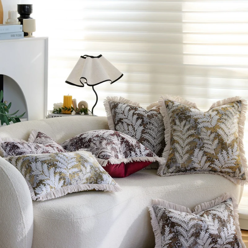 Decorative square cushion cover with jacquard fern motif, velvet back and cotton fringes Stornfield