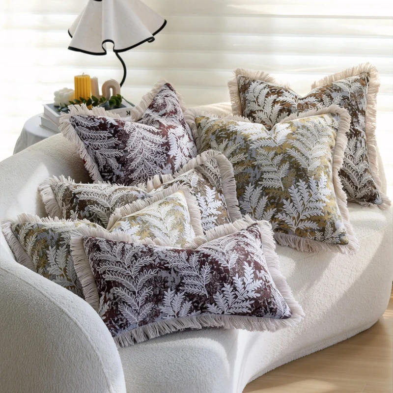 Decorative square cushion cover with jacquard fern motif, velvet back and cotton fringes Stornfield