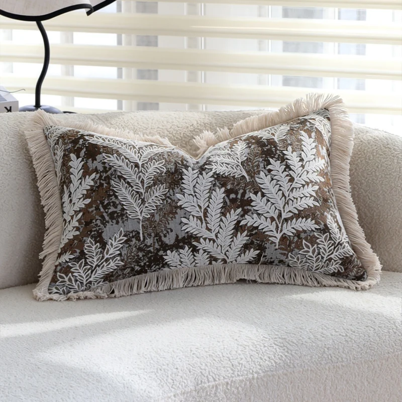 Decorative square cushion cover with jacquard fern motif, velvet back and cotton fringes Stornfield