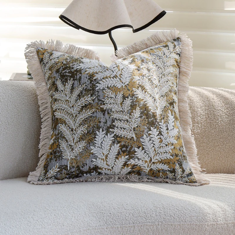 Decorative square cushion cover with jacquard fern motif, velvet back and cotton fringes Stornfield