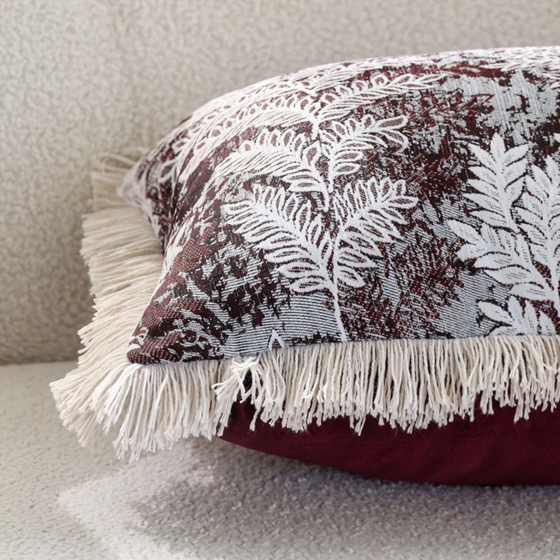 Decorative square cushion cover with jacquard fern motif, velvet back and cotton fringes Stornfield