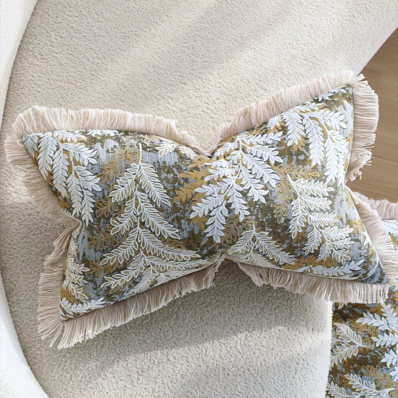 Decorative square cushion cover with jacquard fern motif, velvet back and cotton fringes Stornfield