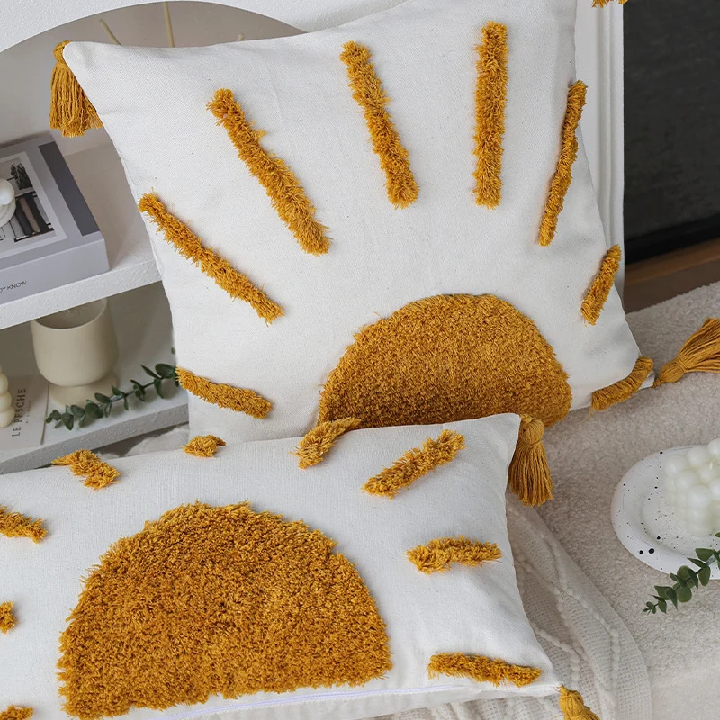 Decorative square cushion cover with hand-tufted sun relief, tassels, and cotton-linen blend Stornfield