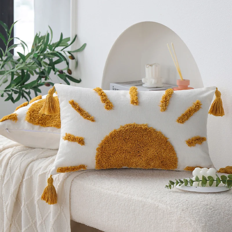 Decorative square cushion cover with hand-tufted sun relief, tassels, and cotton-linen blend Stornfield