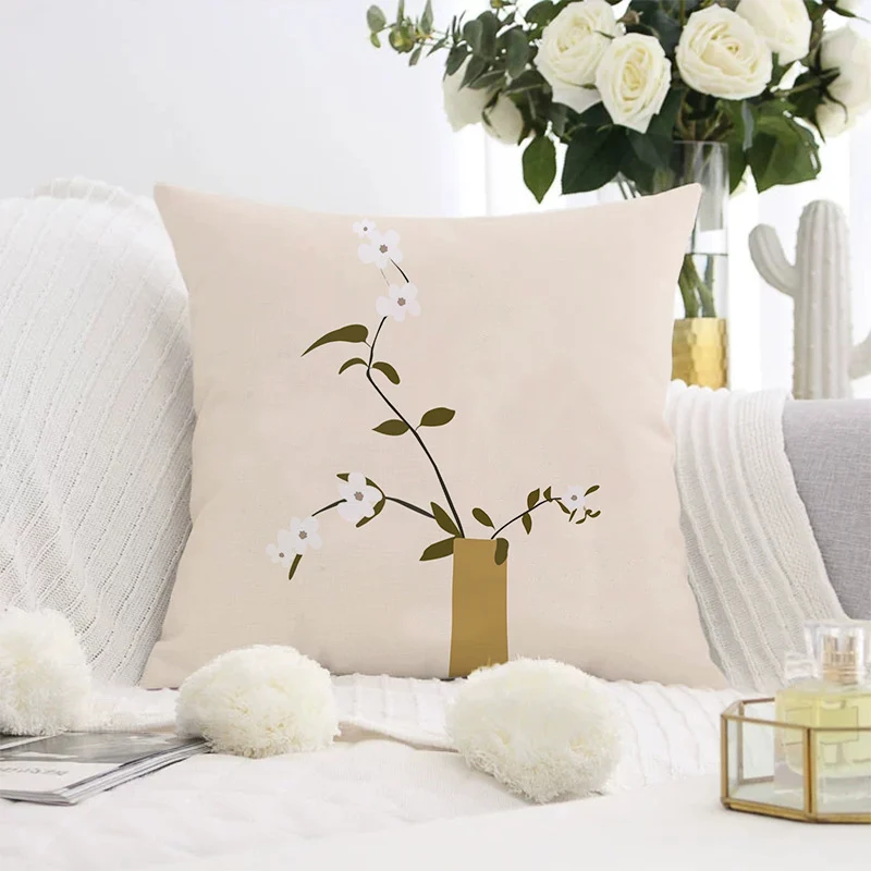 Decorative square pillow cover with abstract line drawing and cotton-linen mix Stornfield