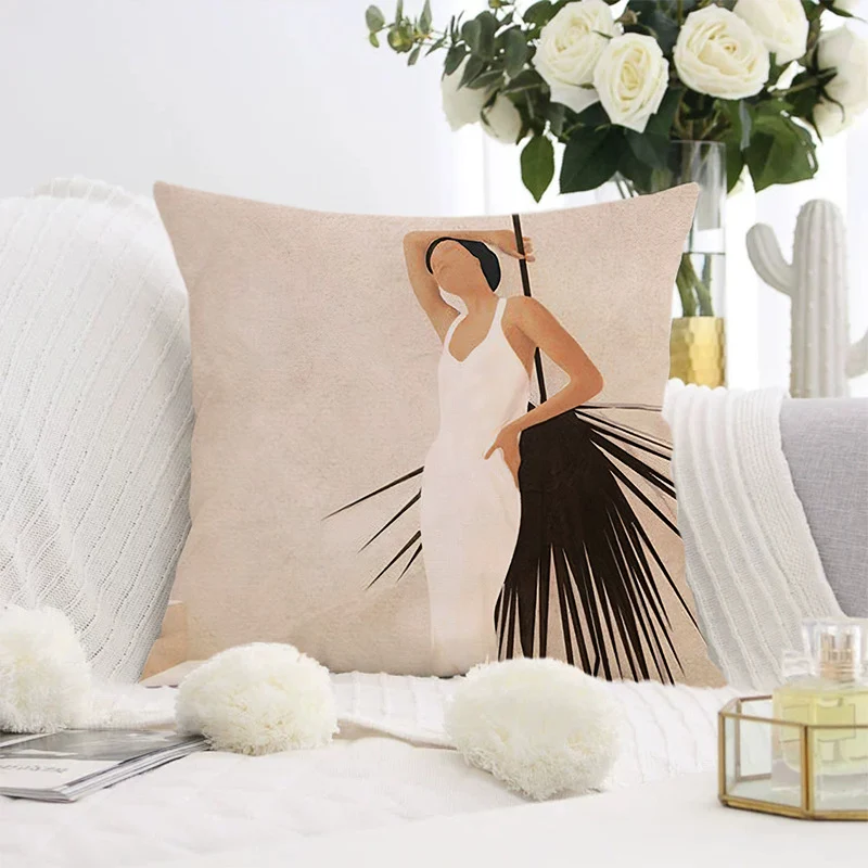 Decorative square pillow cover with abstract line drawing and cotton-linen mix Stornfield