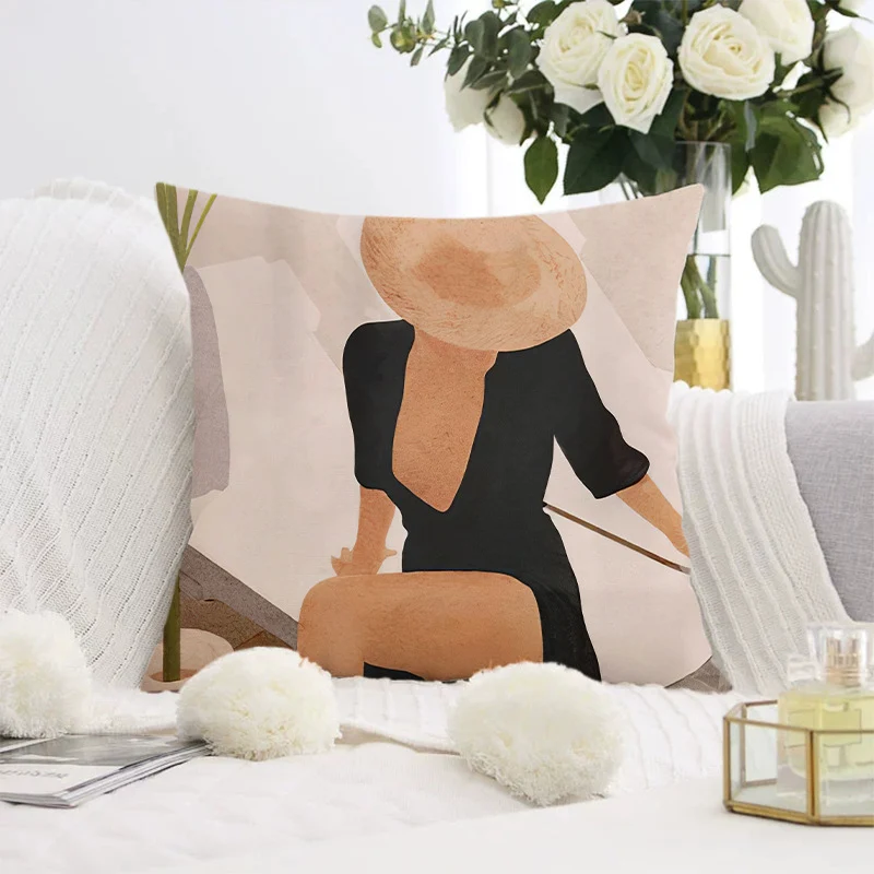 Decorative square pillow cover with abstract line drawing and cotton-linen mix Stornfield