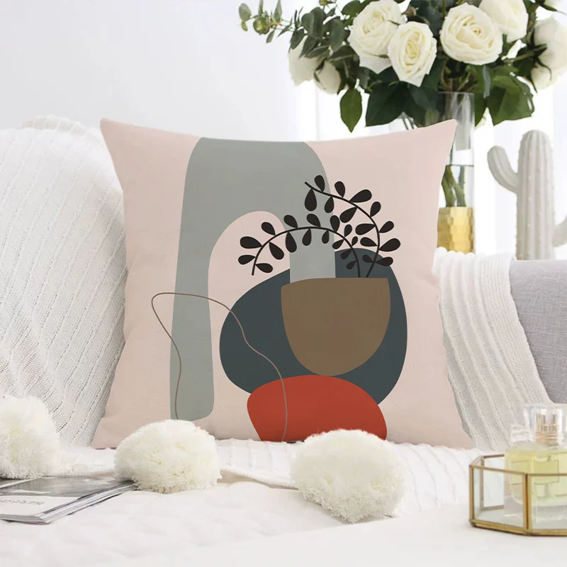 Decorative square pillow cover with abstract line drawing and cotton-linen mix Stornfield