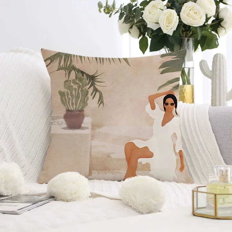Decorative square pillow cover with abstract line drawing and cotton-linen mix Stornfield