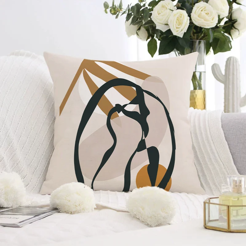 Decorative square pillow cover with abstract line drawing and cotton-linen mix Stornfield