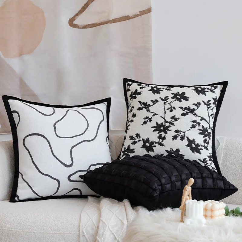 Decorative square cushion cover with abstract line print and contrasting piping Stornfield