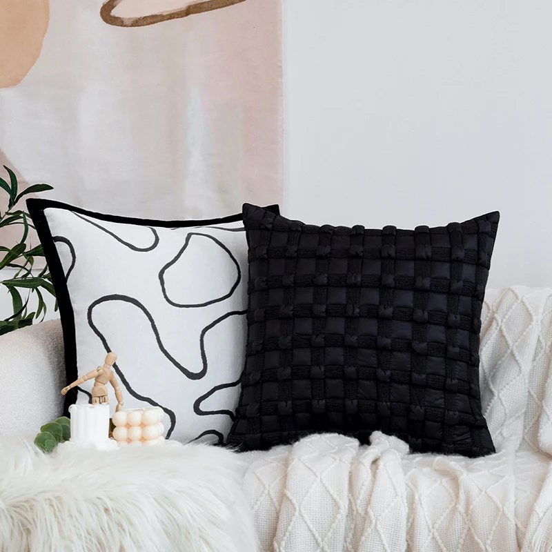Decorative square cushion cover with abstract line print and contrasting piping Stornfield