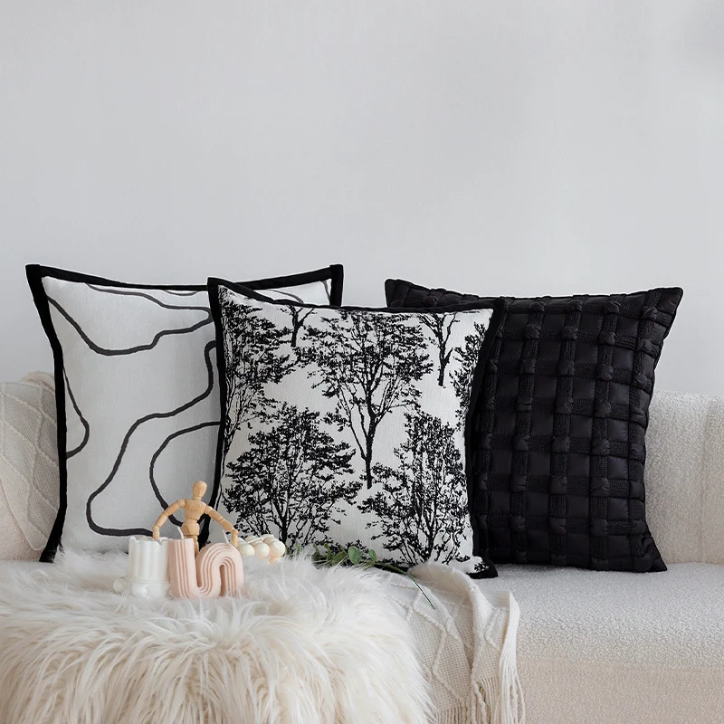 Decorative square cushion cover with abstract line print and contrasting piping Stornfield