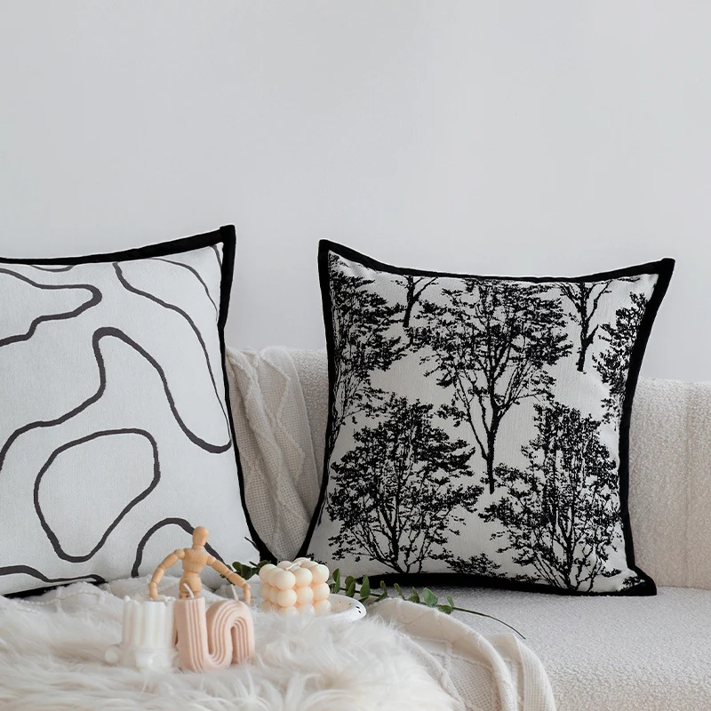Decorative square cushion cover with abstract line print and contrasting piping Stornfield