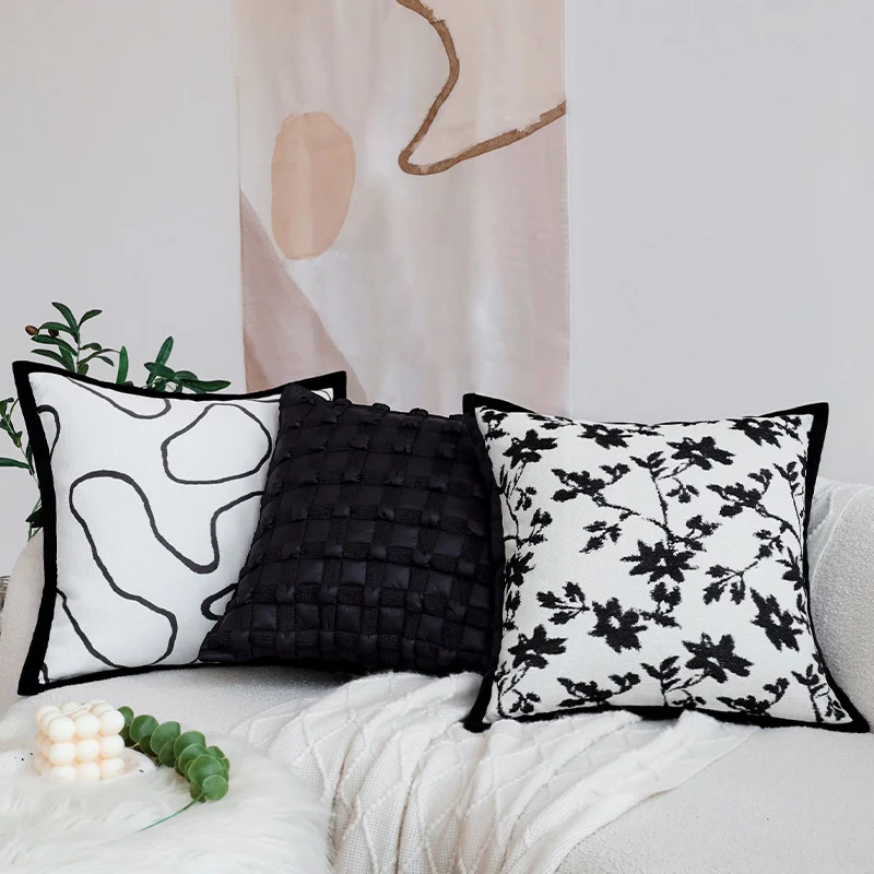 Decorative square cushion cover with abstract line print and contrasting piping Stornfield