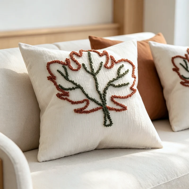 Decorative cushion cover with hand-tufted leaf design and fine cotton-linen blend Stornfield