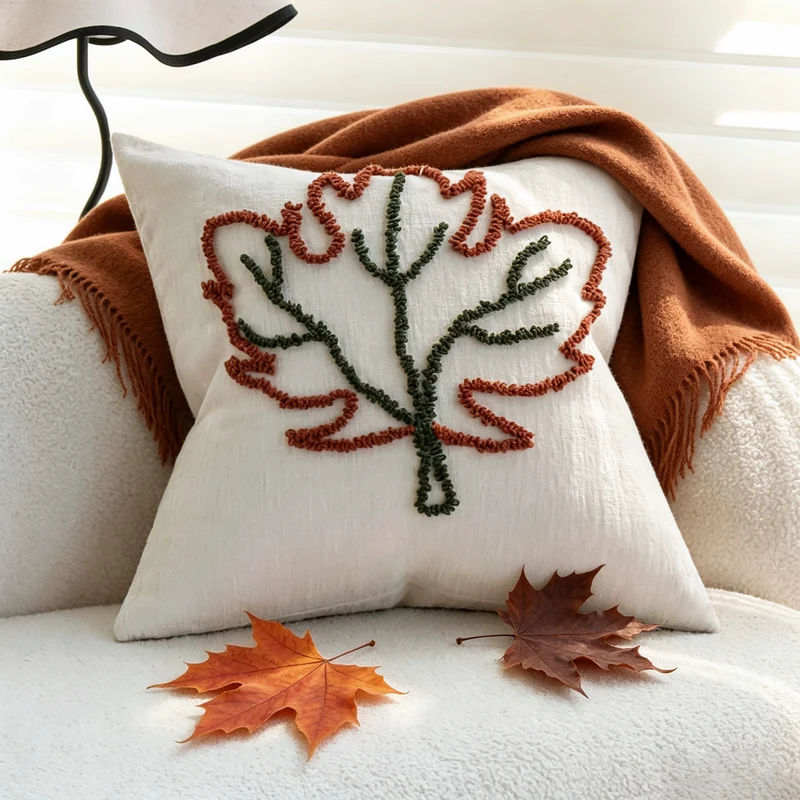 Decorative cushion cover with hand-tufted leaf design and fine cotton-linen blend Stornfield