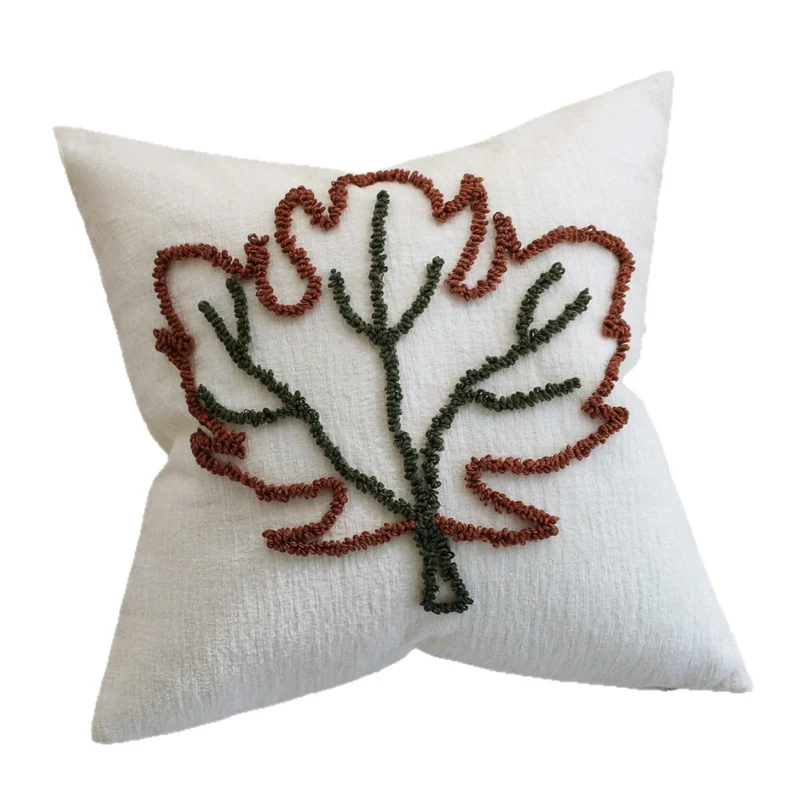 Decorative cushion cover with hand-tufted leaf design and fine cotton-linen blend Stornfield