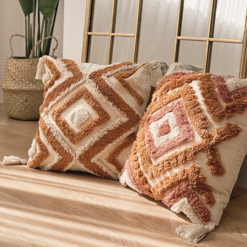 Decorative cushion cover with drawn leaf tufting and tassels Stornfield