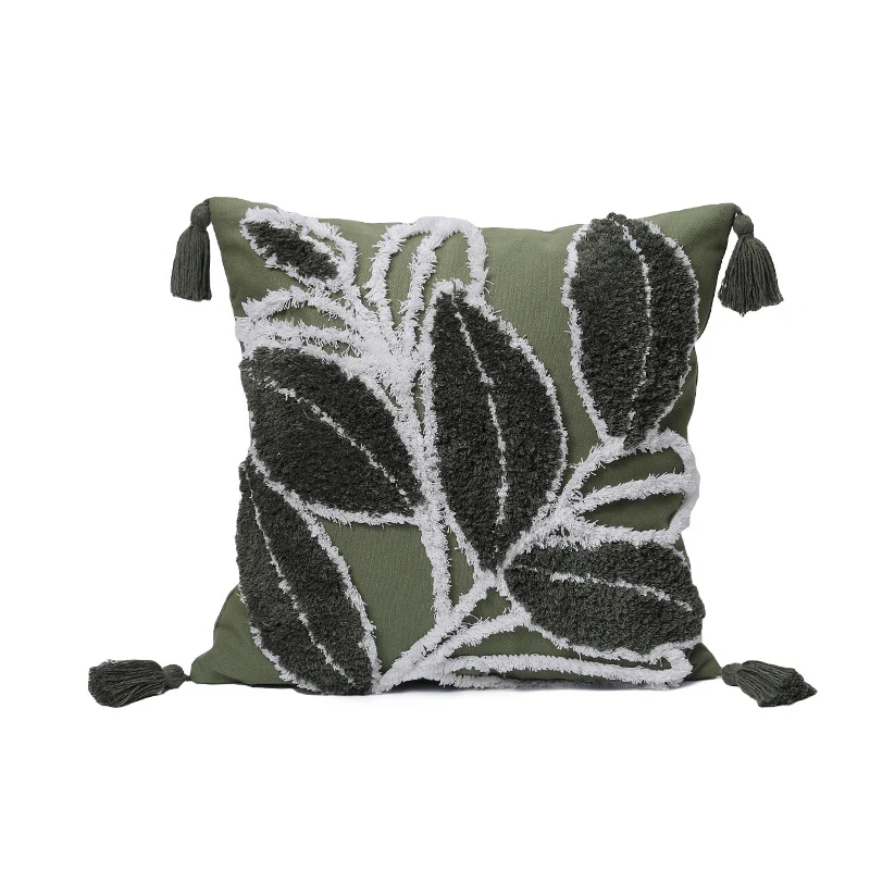 Decorative cushion cover with drawn leaf tufting and tassels Stornfield