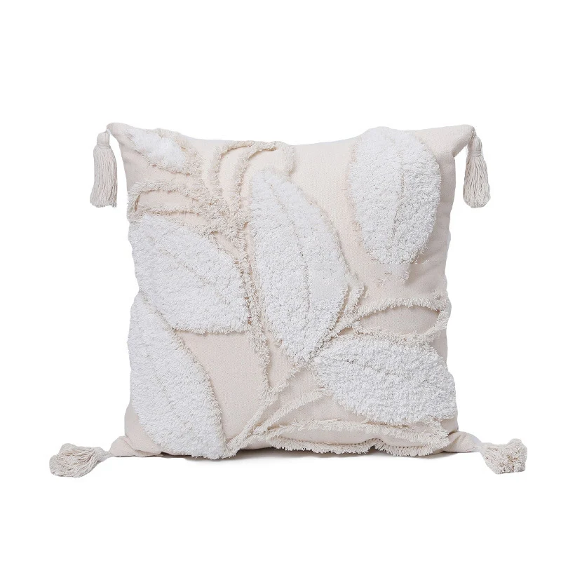 Decorative cushion cover with drawn leaf tufting and tassels Stornfield
