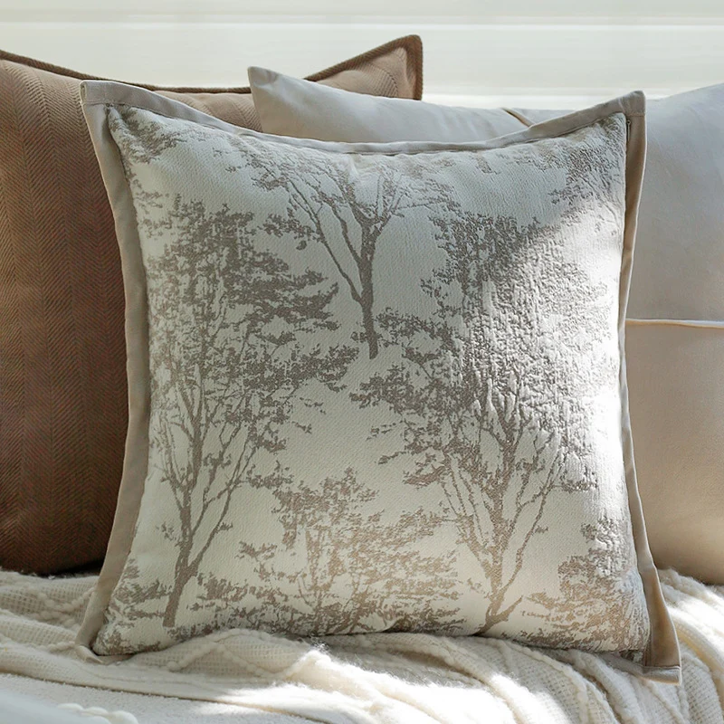 Decorative jacquard pillowcase with tree motif and velvet piping Stornfield