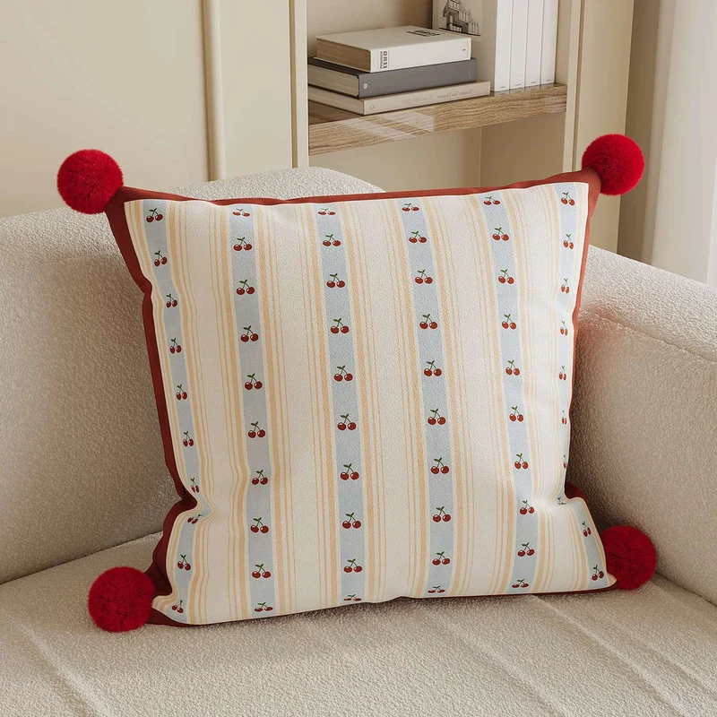 Decorative Throw Pillow with Pom-Pom Corners and Heart Stripe Print