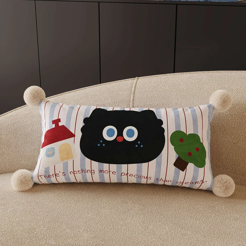 Decorative Square Throw Pillow Cover with Pom-Pom Corners and Cartoon Dog Illustration