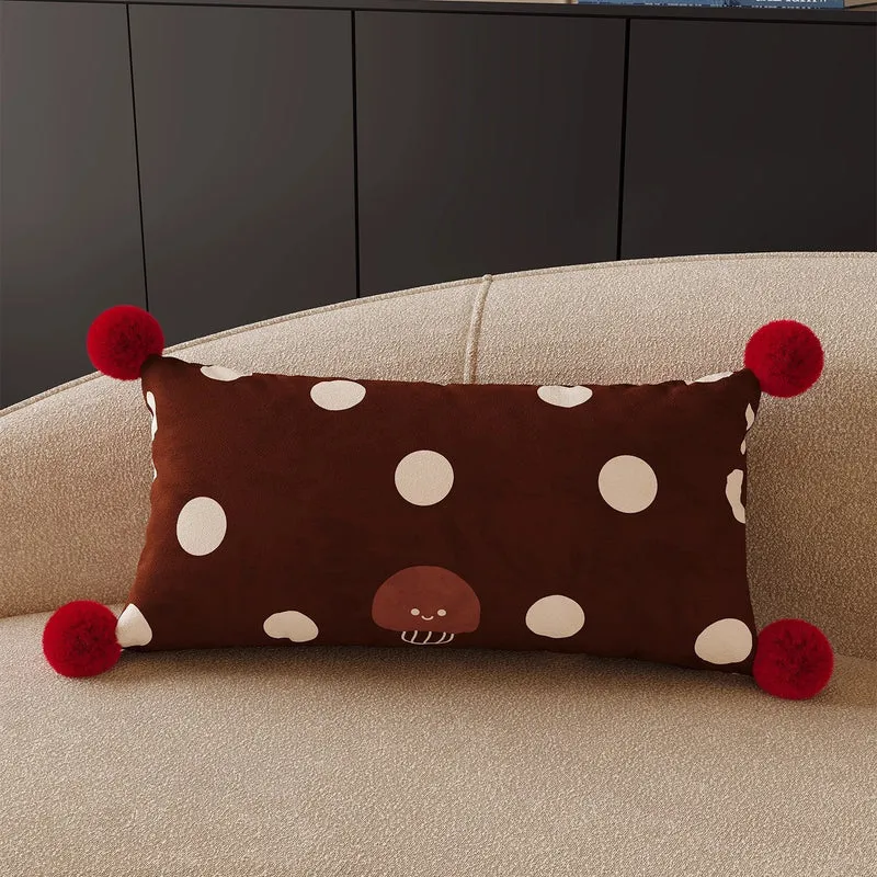Decorative Square Throw Pillow Cover with Pom-Pom Corners and Cartoon Dog Illustration