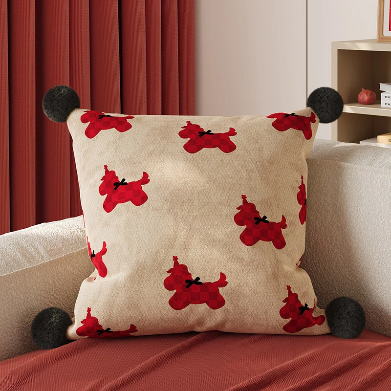 Decorative Square Pom-Pom Throw Pillow Cover with Jacquard Floral Motif
