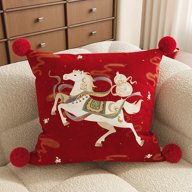 Decorative Square Pom-Pom Throw Pillow Cover with Jacquard Floral Motif