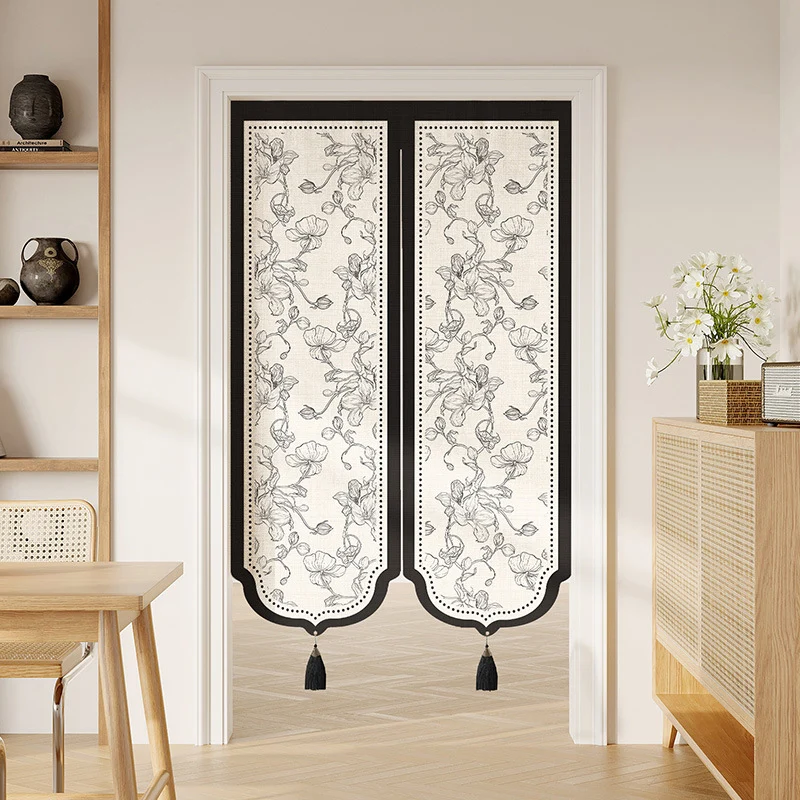 Decorative Split Noren Door Curtain Panel with Floral Jacquard and Tassel Weights