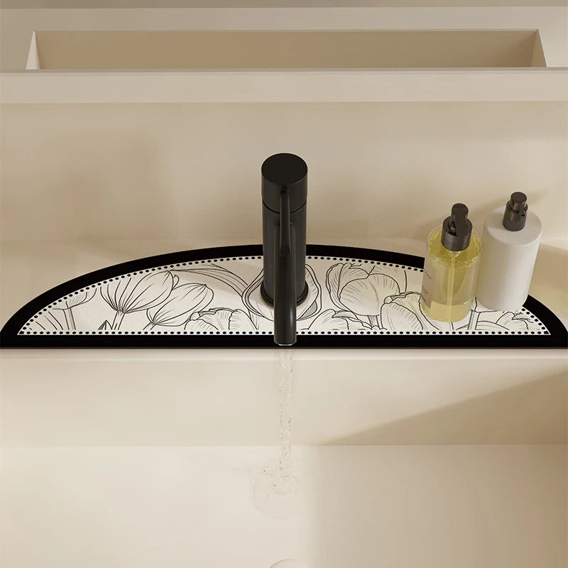 Decorative Semi-Circle Sink Splash Mat with Absorbent Silicone and Floral Sketch Print