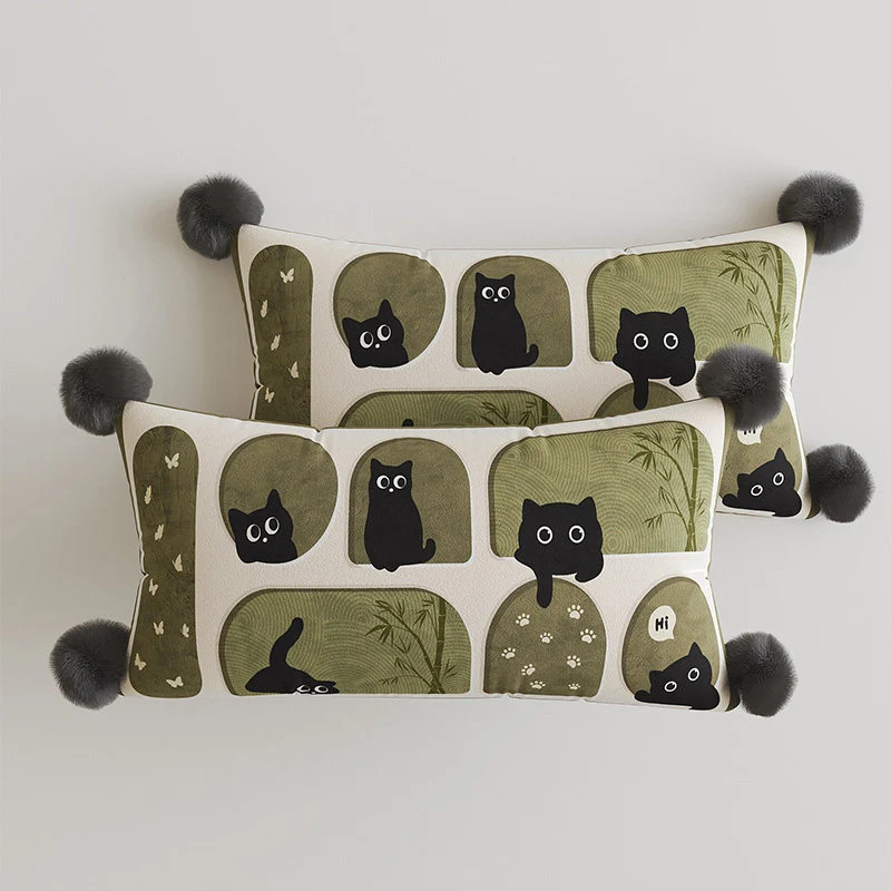 Decorative Rectangular Throw Pillow with Pom-Pom Corners and Patchwork Cat Illustration