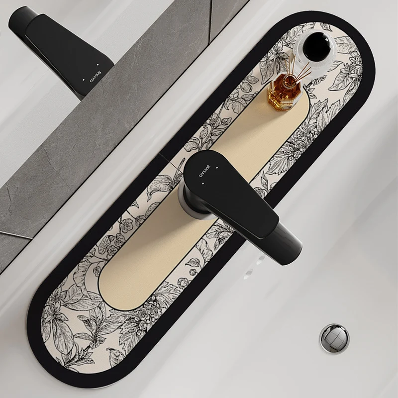 Decorative Oval Silicone Faucet Splash Guard Mat with Floral Engraved Print and Non-Slip Backing