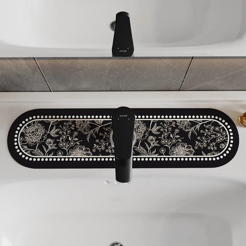 Decorative Oval Silicone Faucet Splash Guard Mat with Floral Engraved Print and Non-Slip Backing