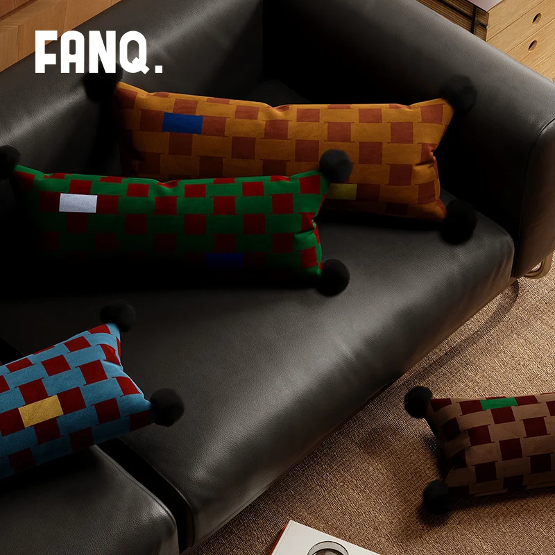 Decorative Long Lumbar Velvet Pillow with Checkerboard Jacquard, Pom-Pom Corners and Patchwork Accents