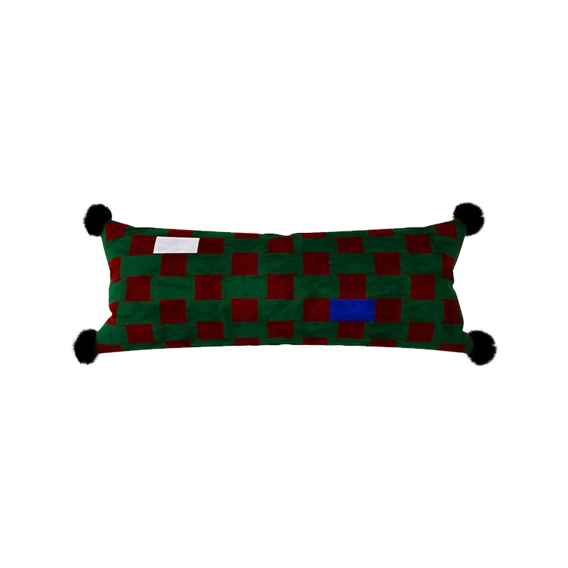 Decorative Long Lumbar Velvet Pillow with Checkerboard Jacquard, Pom-Pom Corners and Patchwork Accents