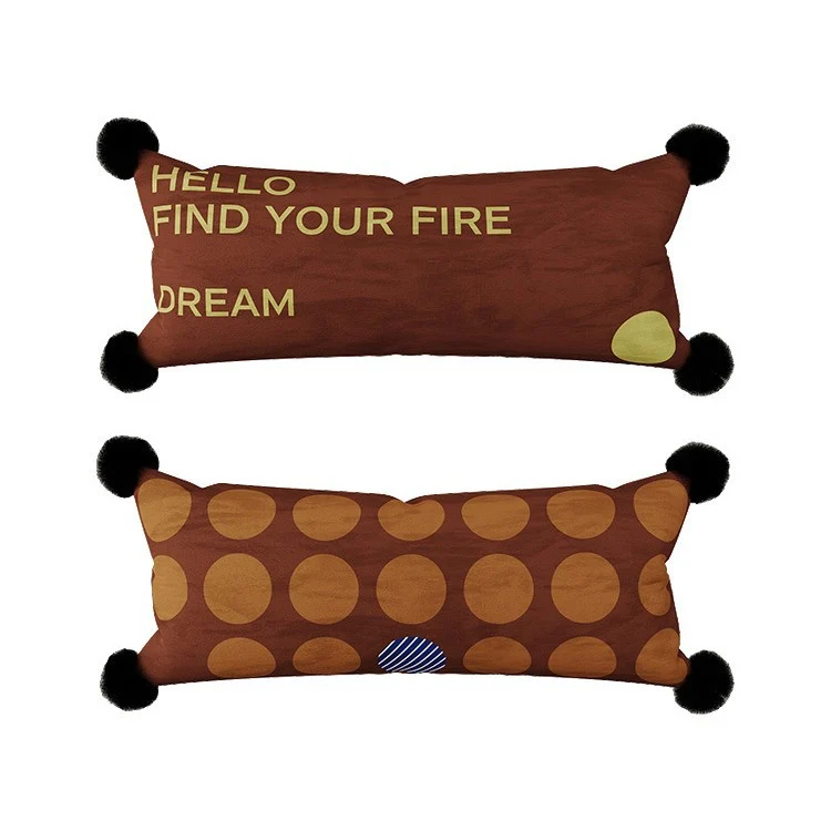 Decorative Long Lumbar Velvet Pillow with Checkerboard Jacquard, Pom-Pom Corners and Patchwork Accents