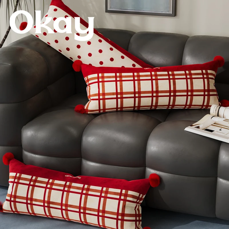 Decorative Long Lumbar Cushion Cover with Striped and Polka Dot Print and Corner Pom-Poms